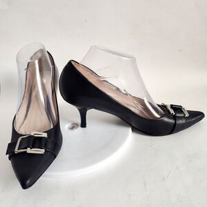 Y2k 90s Nine West Heels 8.5 M Leather Black Silver Buckle Pumps Pointed Toe